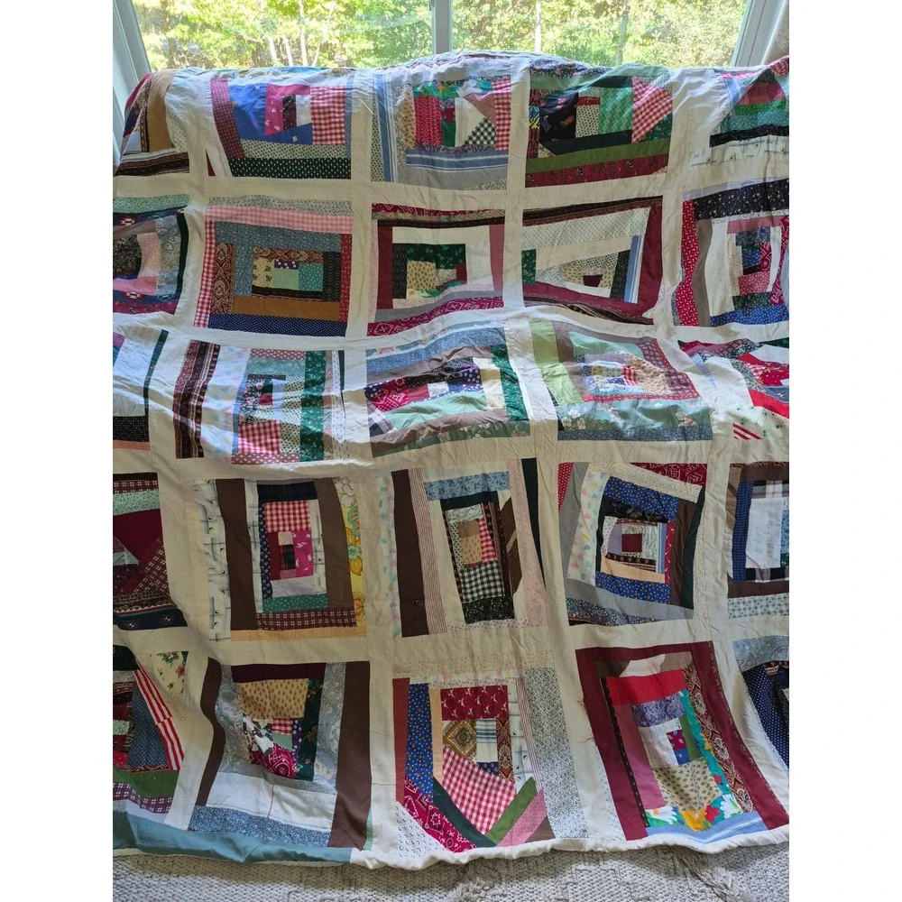 Handmade Log Cabin Patchwork Quilt Folk Art Cabin Blanket Tattered Worn 84X87